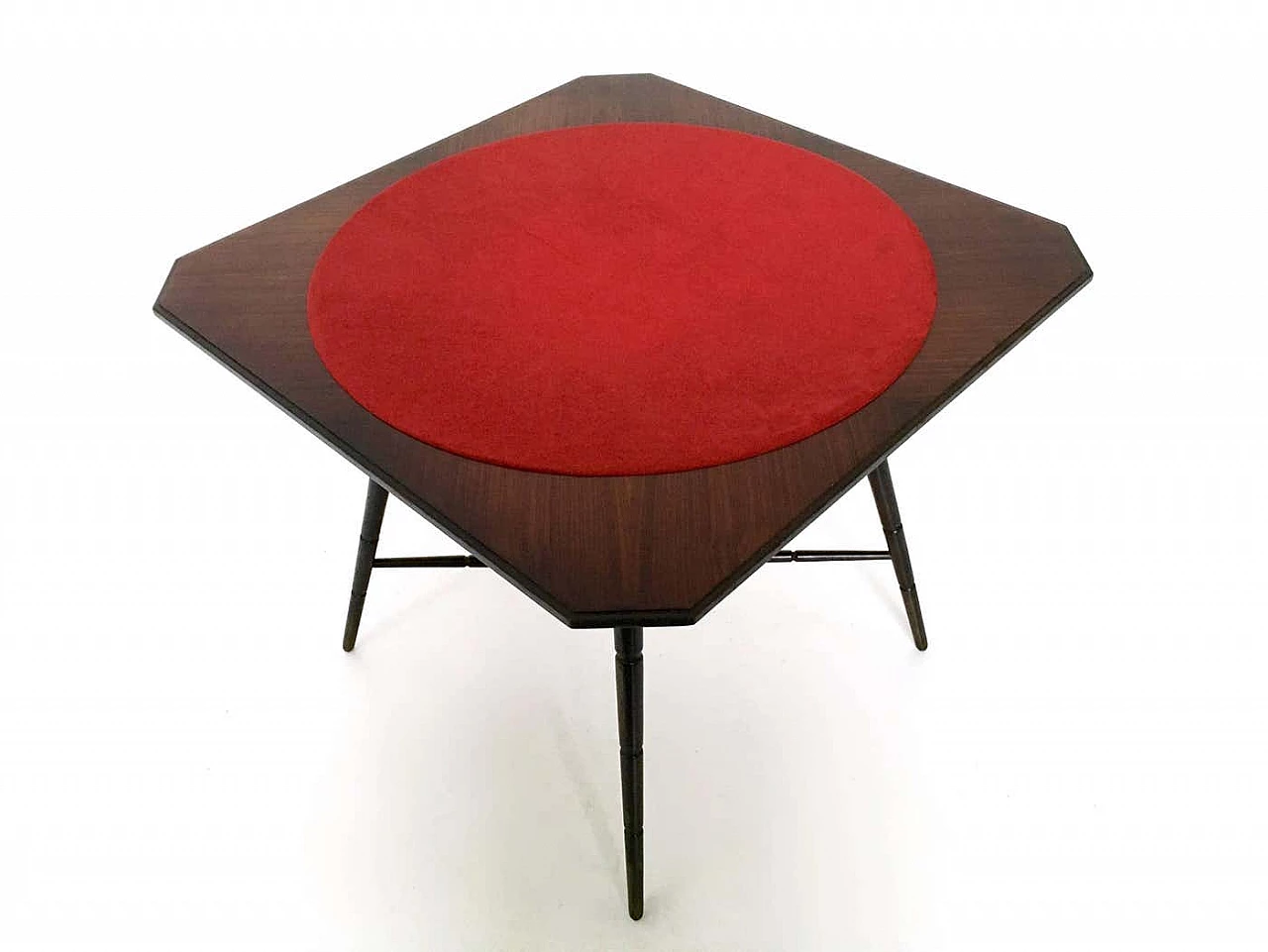 Tavolo da gioco in faggio ebanizzato con piano in tessuto rosso di Chiavari, anni '50 5