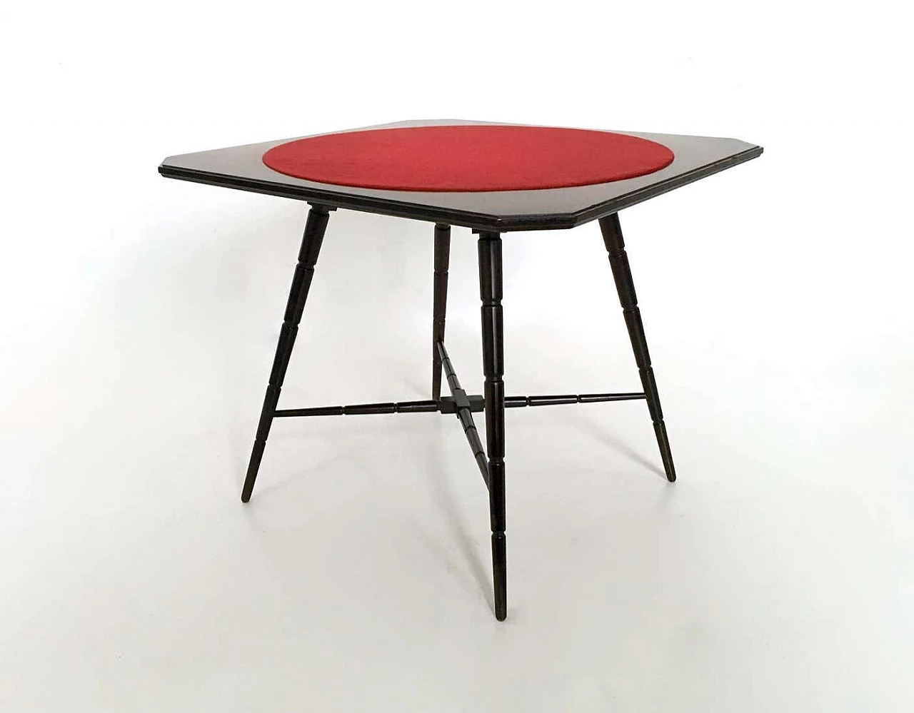 Tavolo da gioco in faggio ebanizzato con piano in tessuto rosso di Chiavari, anni '50 7