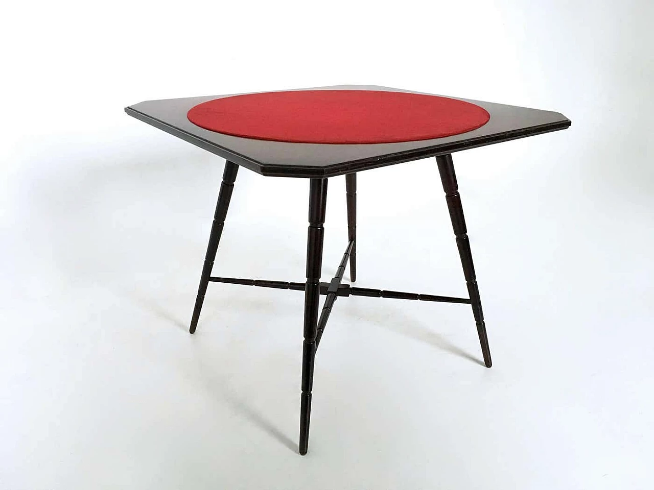 Tavolo da gioco in faggio ebanizzato con piano in tessuto rosso di Chiavari, anni '50 8