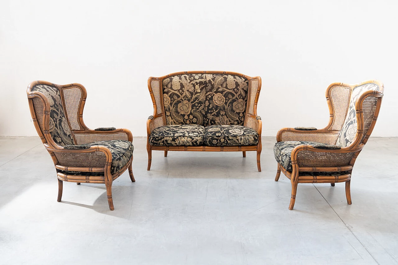 Sofa and pair of armchairs in bamboo, wicker and fabric, 1980s 22