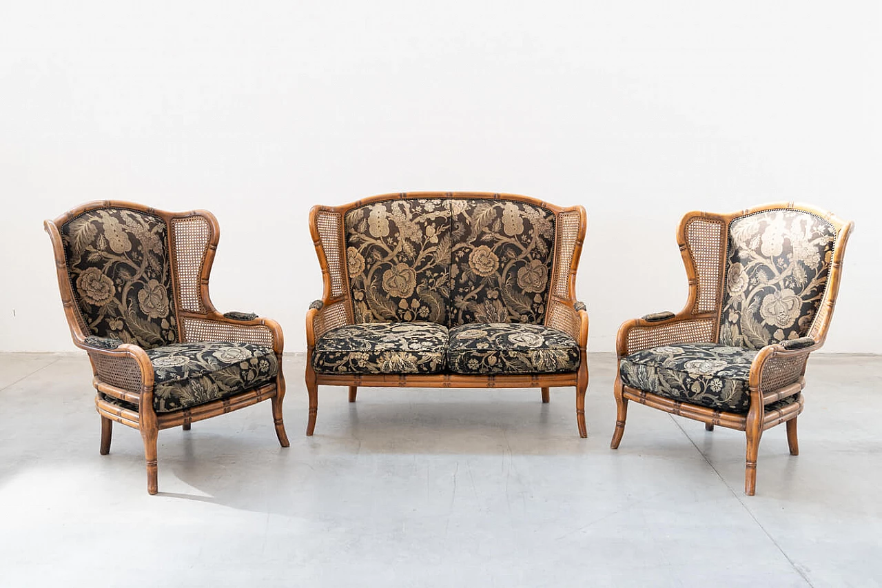 Sofa and pair of armchairs in bamboo, wicker and fabric, 1980s 23