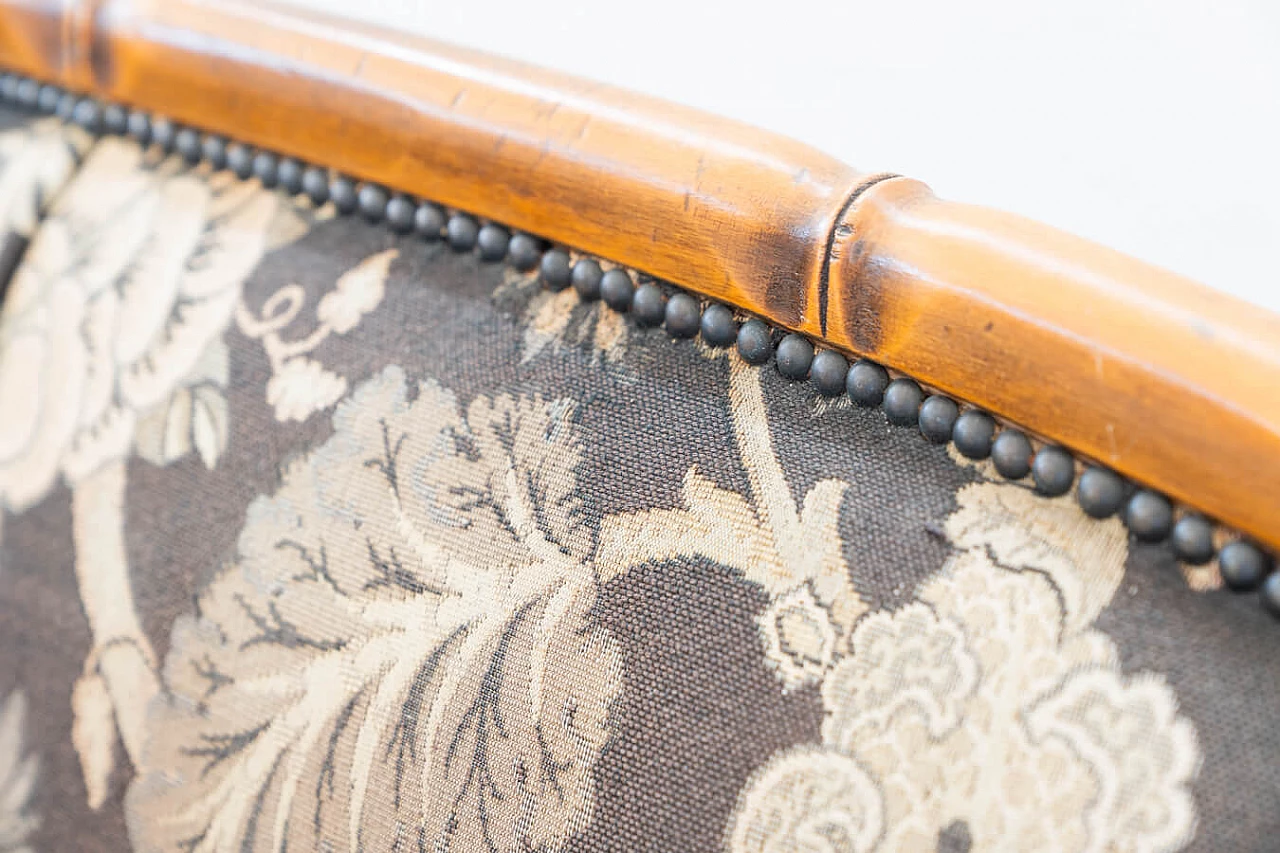 Divano e coppia di poltrone in bambù, vimini e tessuto, anni '80 37