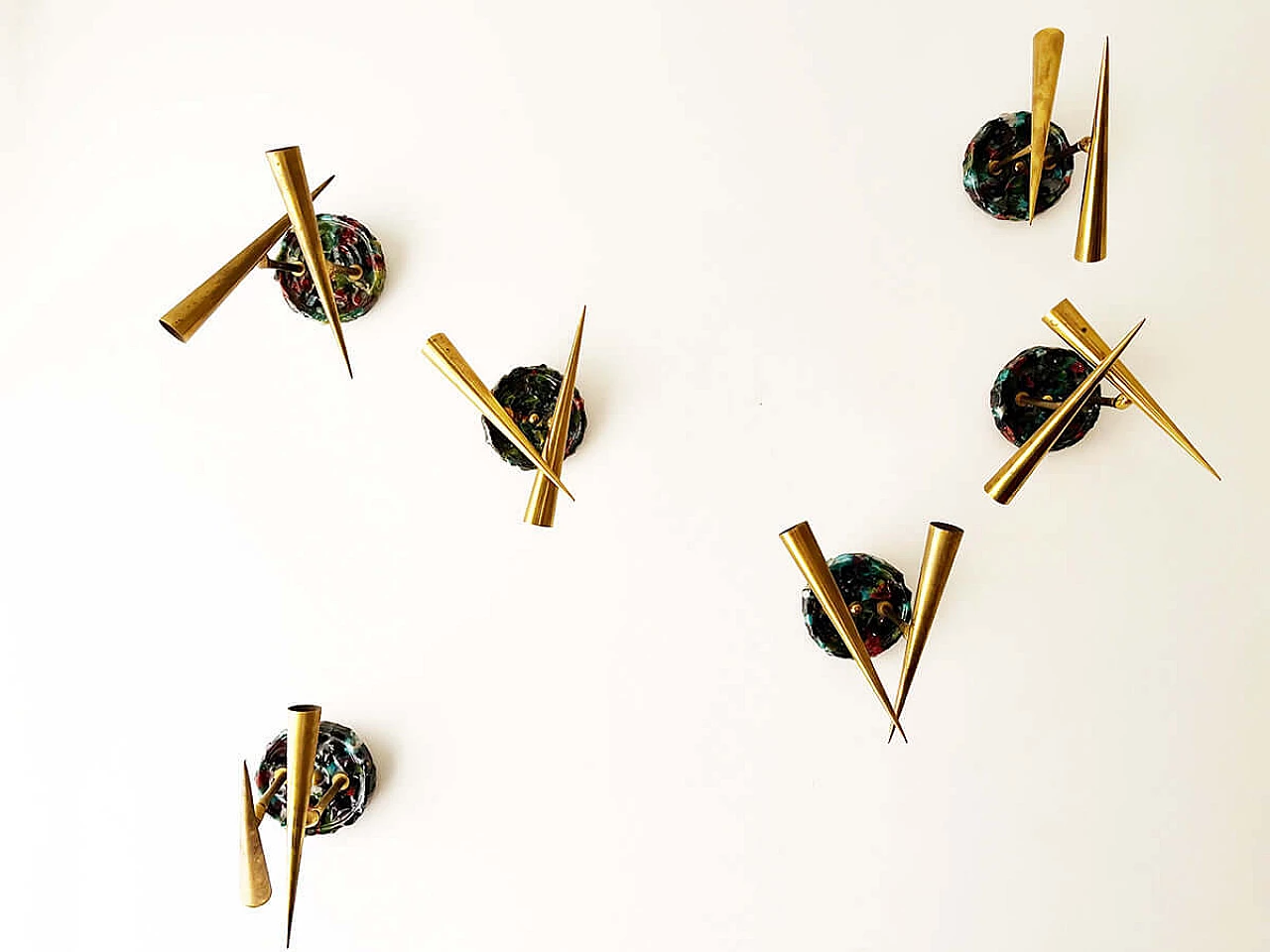 6 Brass and ceramic wall lamps by Leonardi Leoncillo for Lumi, 1950s 1