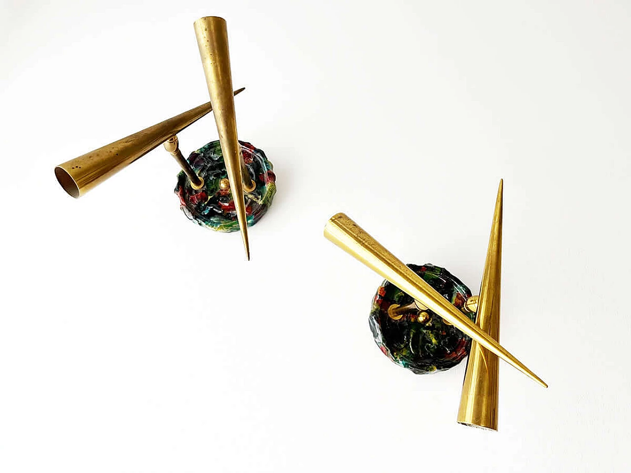 6 Brass and ceramic wall lamps by Leonardi Leoncillo for Lumi, 1950s 5