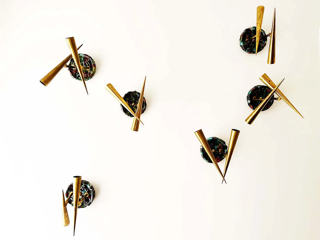6 Brass and ceramic wall lamps by Leonardi Leoncillo for Lumi, 1950s 9