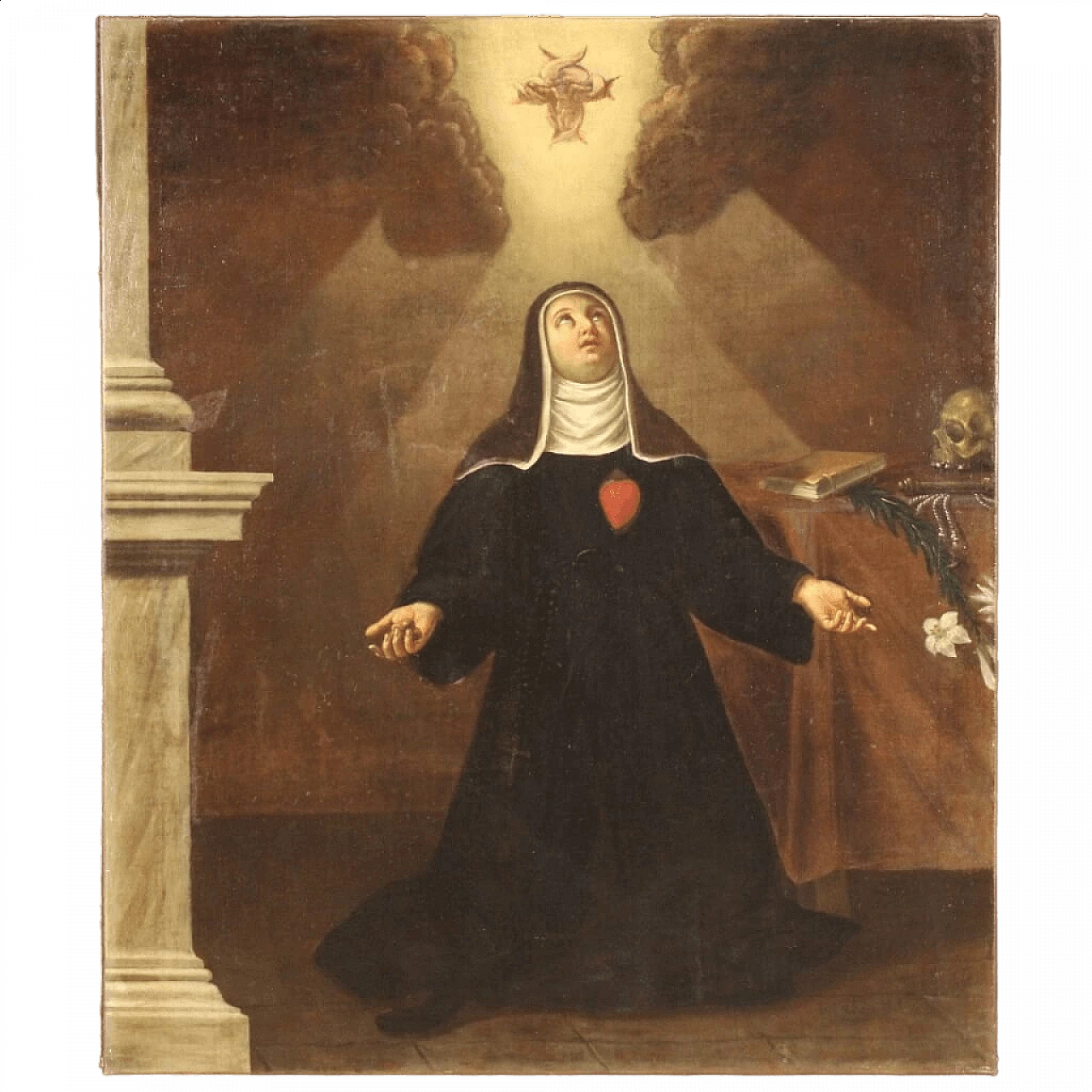 Saint in ecstasy with lily and skull, oil painting on canvas, 18th century 16