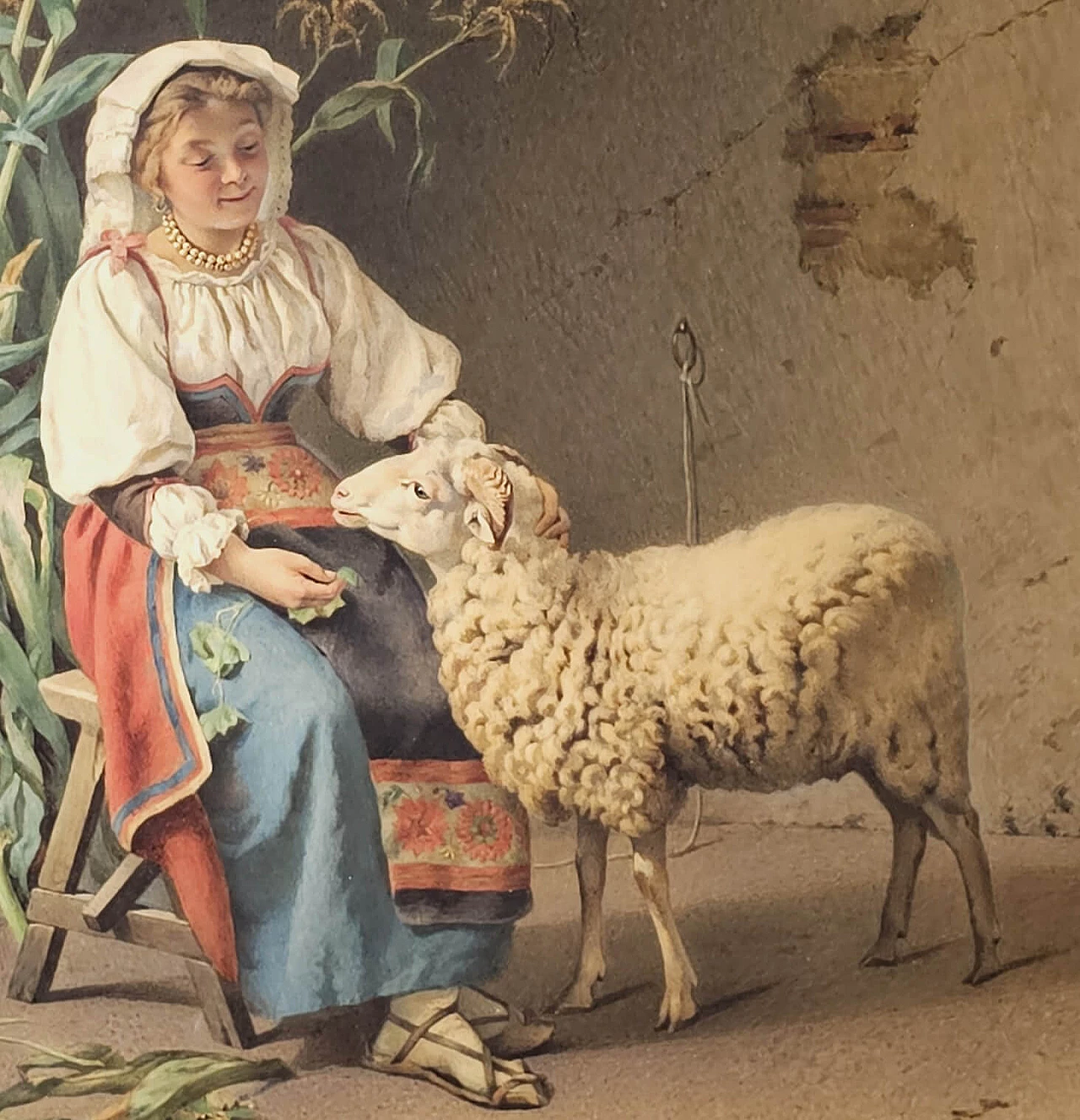 Girolamo Nattino, pastorella con pecora, acquerello, '800 1