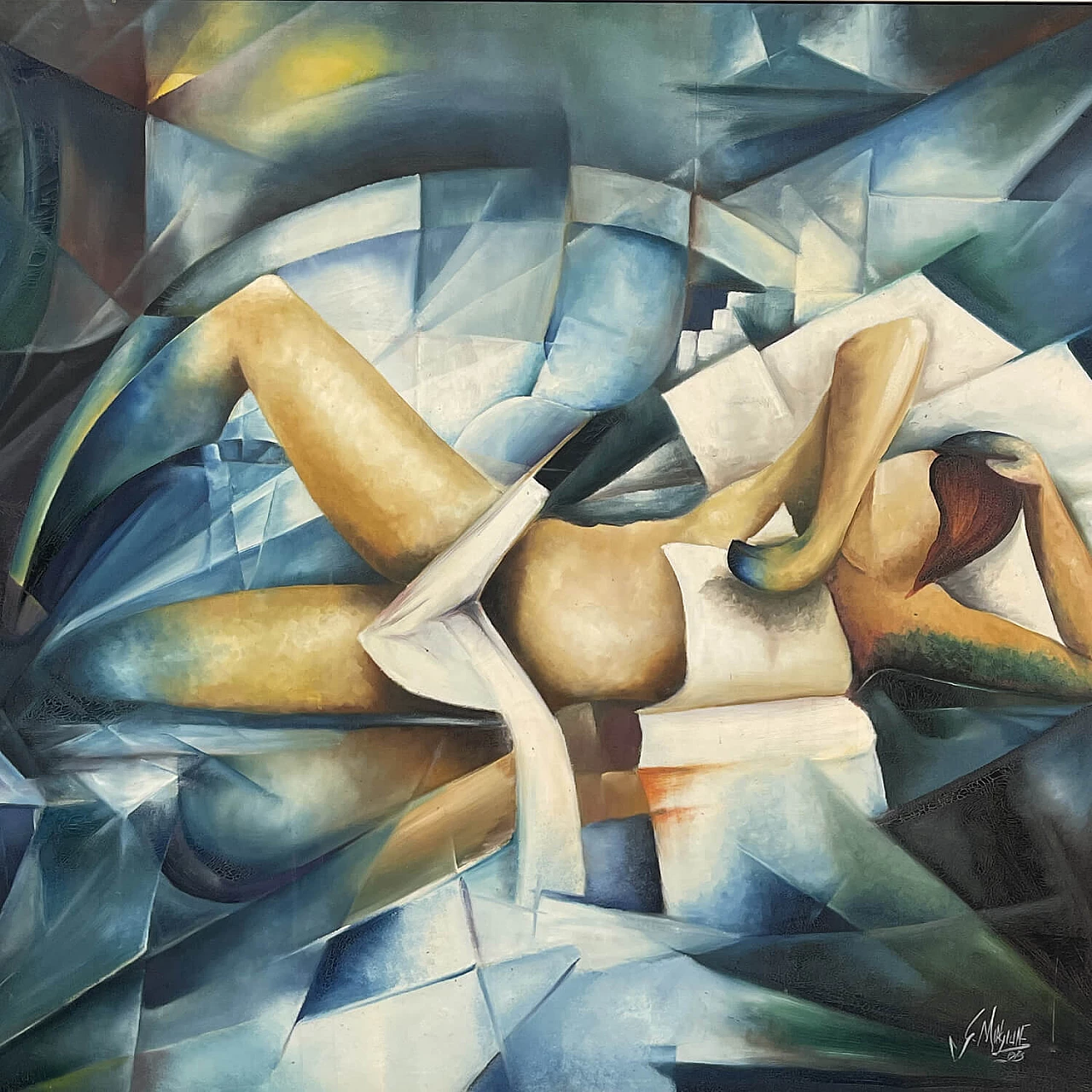 Figura distesa Cubista, dipinto a olio su tela, 1971 3