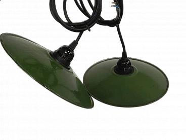 Pair of green metal chandeliers, 1940s