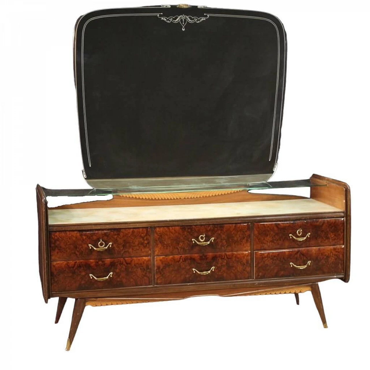 Cassettiera con specchio in legno impiallacciato e vetro, anni '50 13