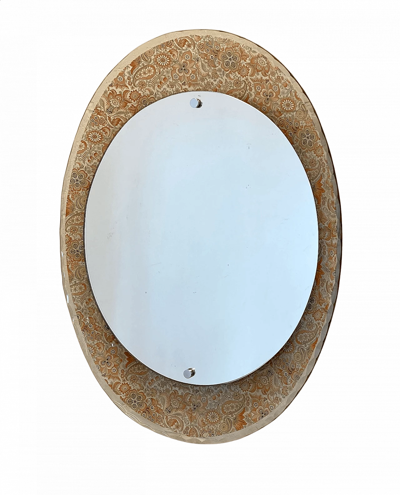 Oval mirror with beveled glass border with floral stencil, 1990s 9