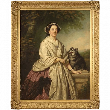 J. L. Lucas, ritratto di nobildonna con cane, dipinto a olio su tela, 1862