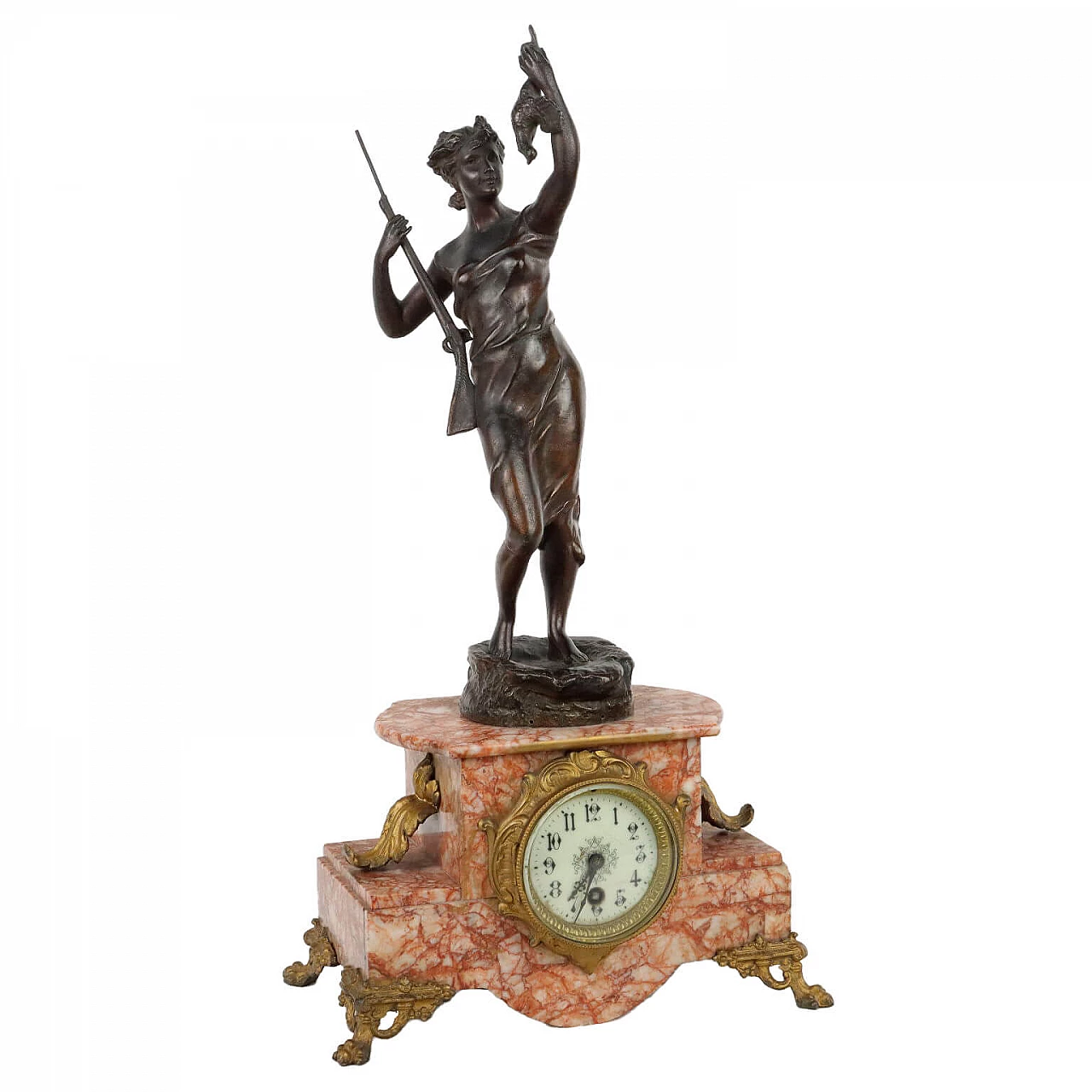 Marble table clock with patinated antimony sculpture, early 20th century 1