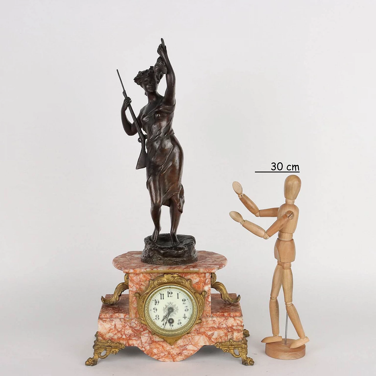 Marble table clock with patinated antimony sculpture, early 20th century 2