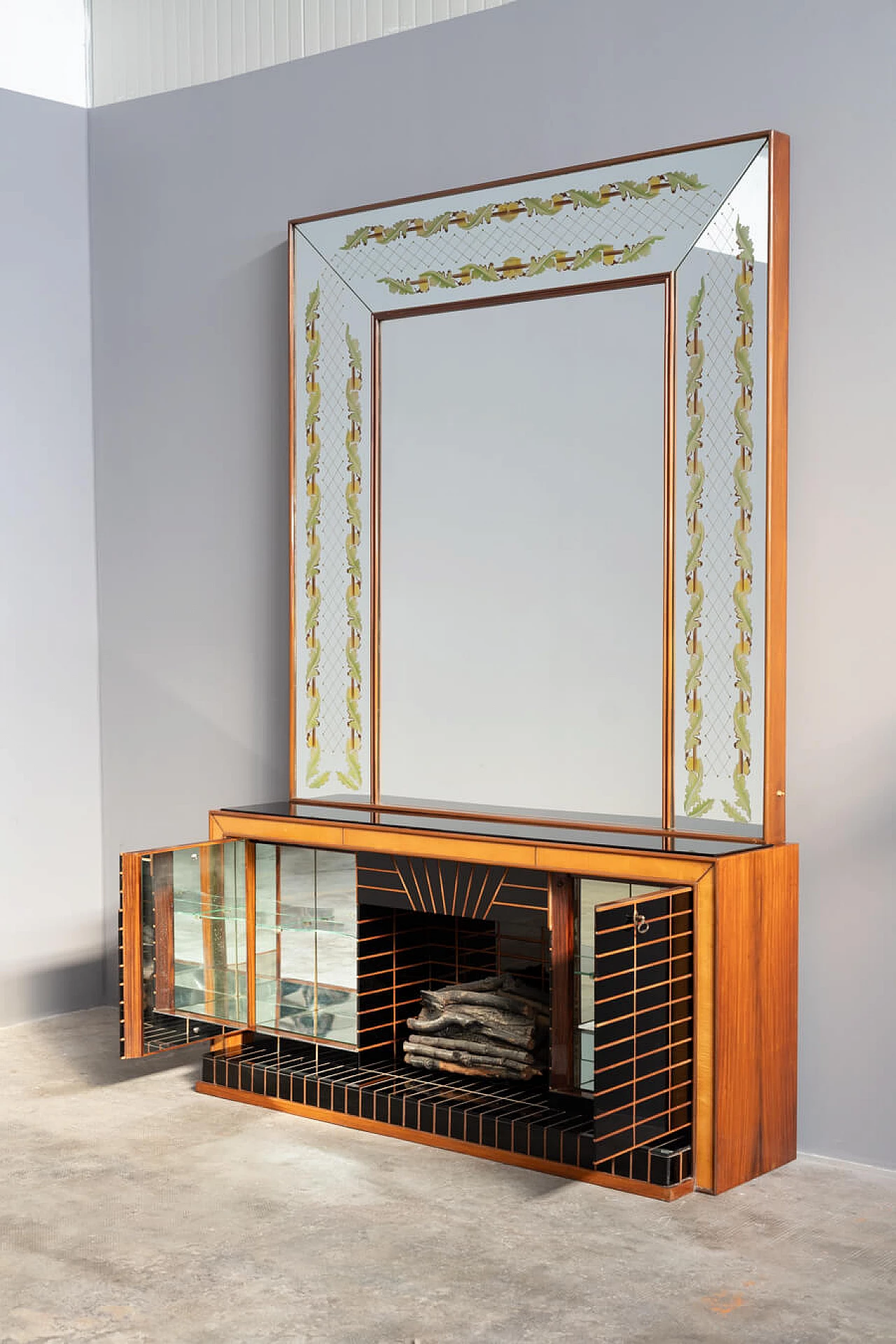 Rosewood and black glass sideboard with mirror by Luigi Brusotti, 1940s 4