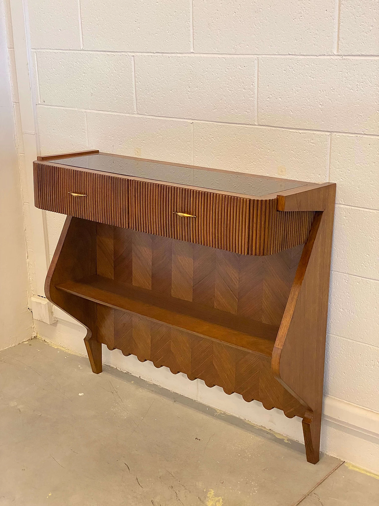 Walnut console with black glass top in the style of Paolo Buffa, 1940s 2