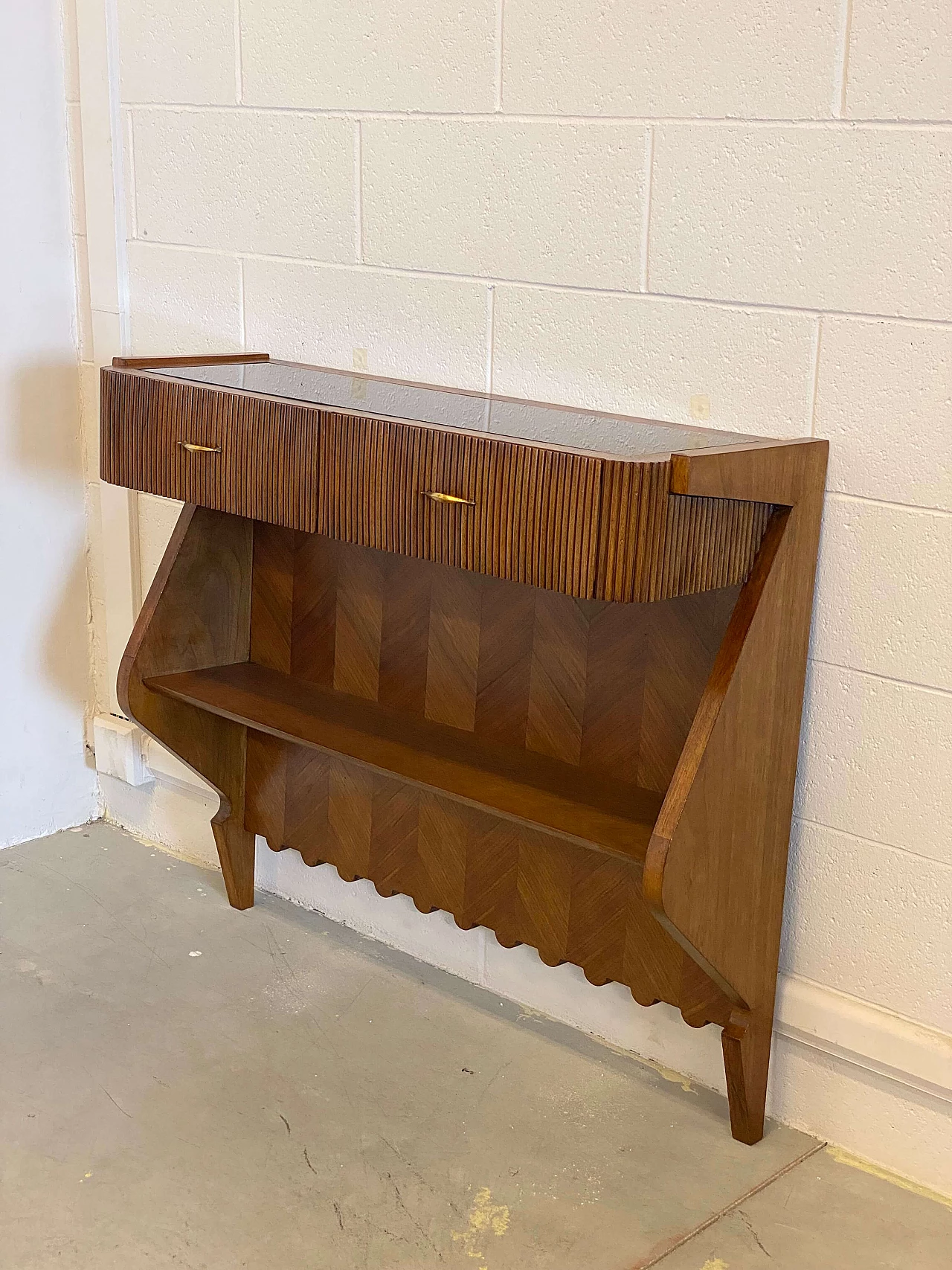 Walnut console with black glass top in the style of Paolo Buffa, 1940s 16