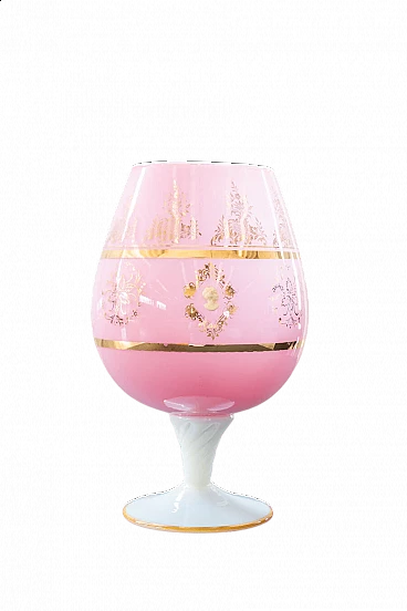 Vaso in vetro rosa decorato a mano, anni '70