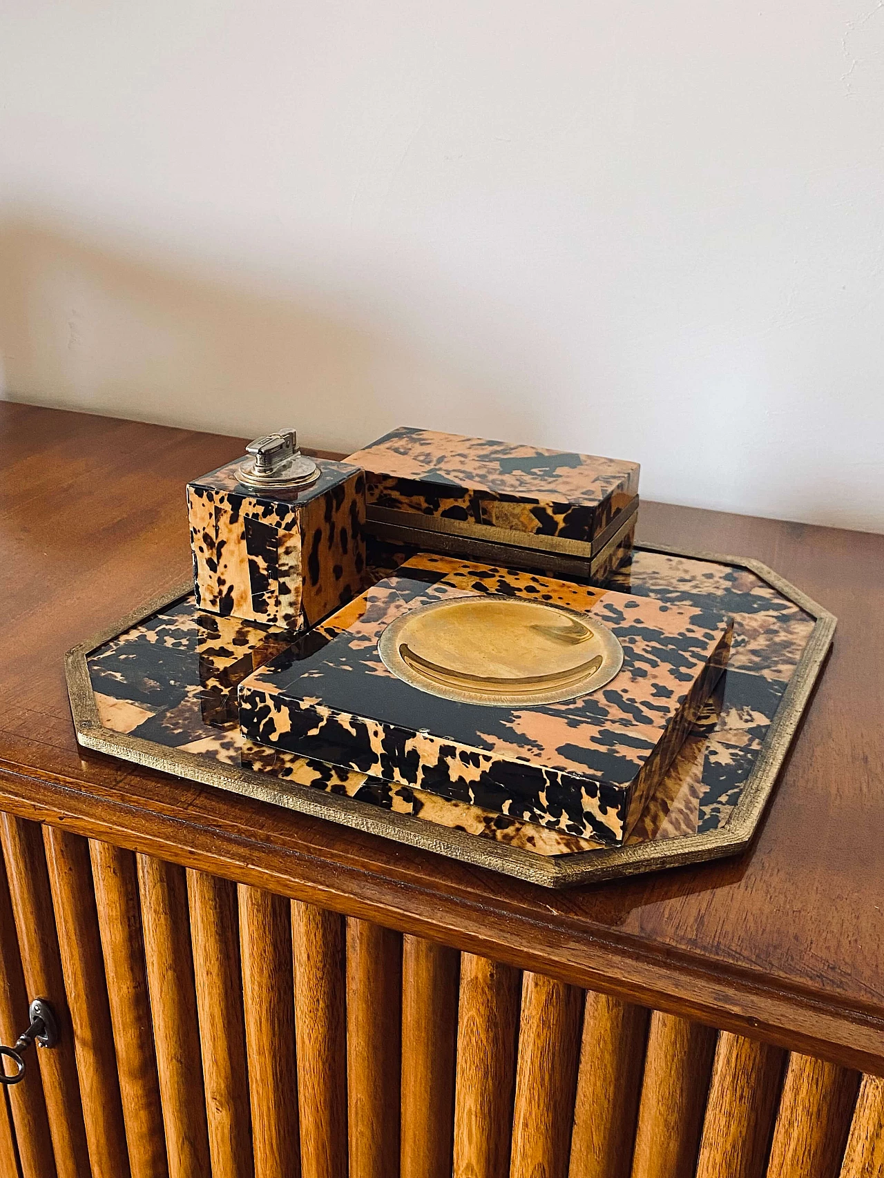 Wood, brass and resin ashtray, tray, lighter and box, 1970s 2