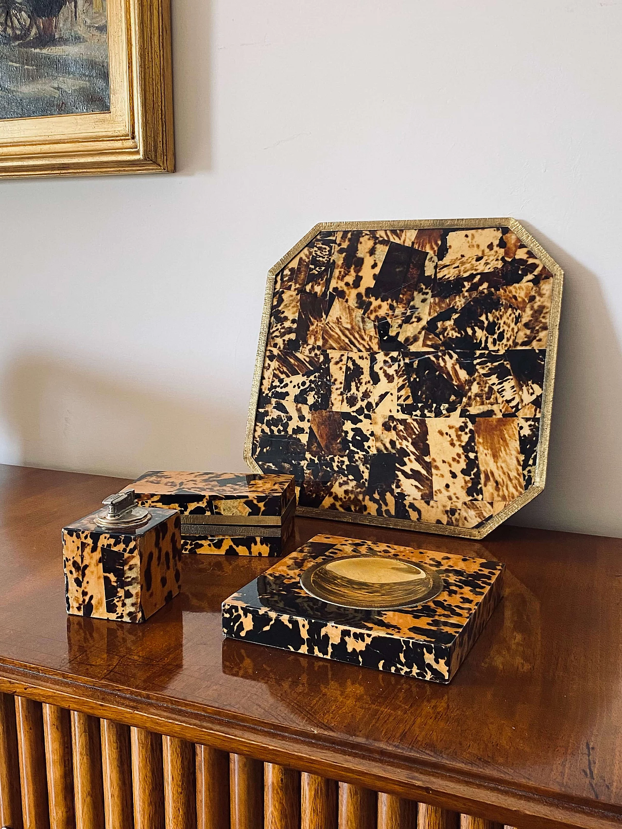 Wood, brass and resin ashtray, tray, lighter and box, 1970s 3