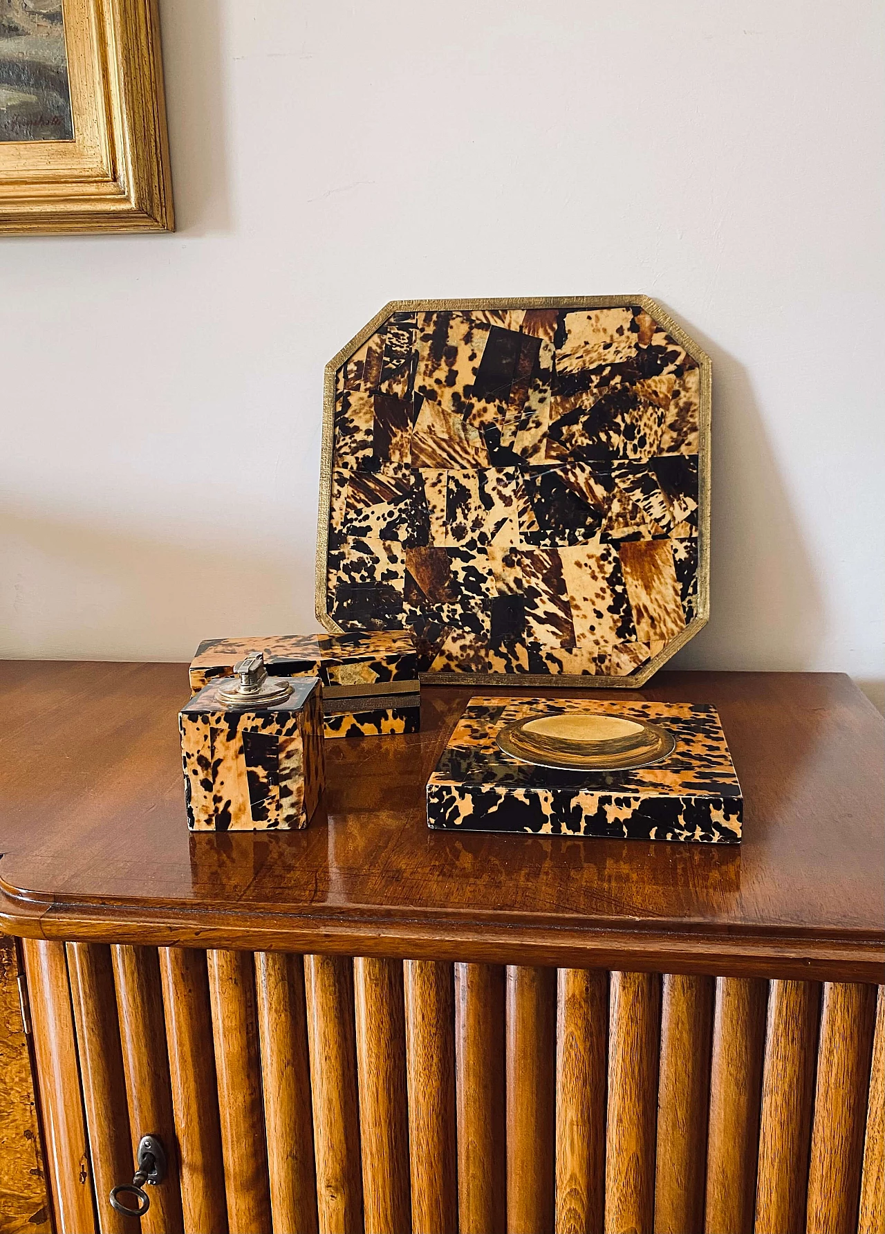 Wood, brass and resin ashtray, tray, lighter and box, 1970s 4