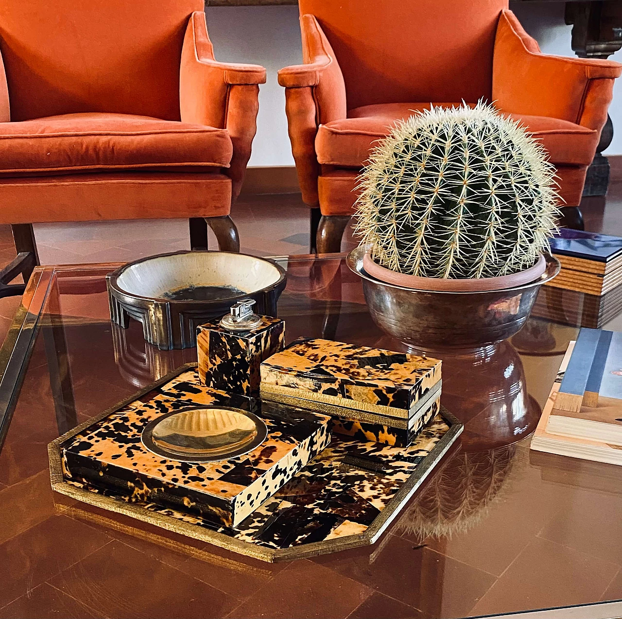 Wood, brass and resin ashtray, tray, lighter and box, 1970s 5