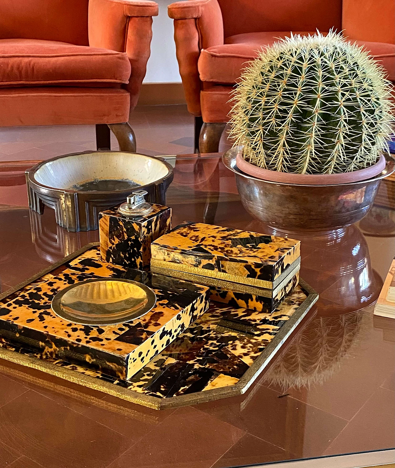 Wood, brass and resin ashtray, tray, lighter and box, 1970s 6