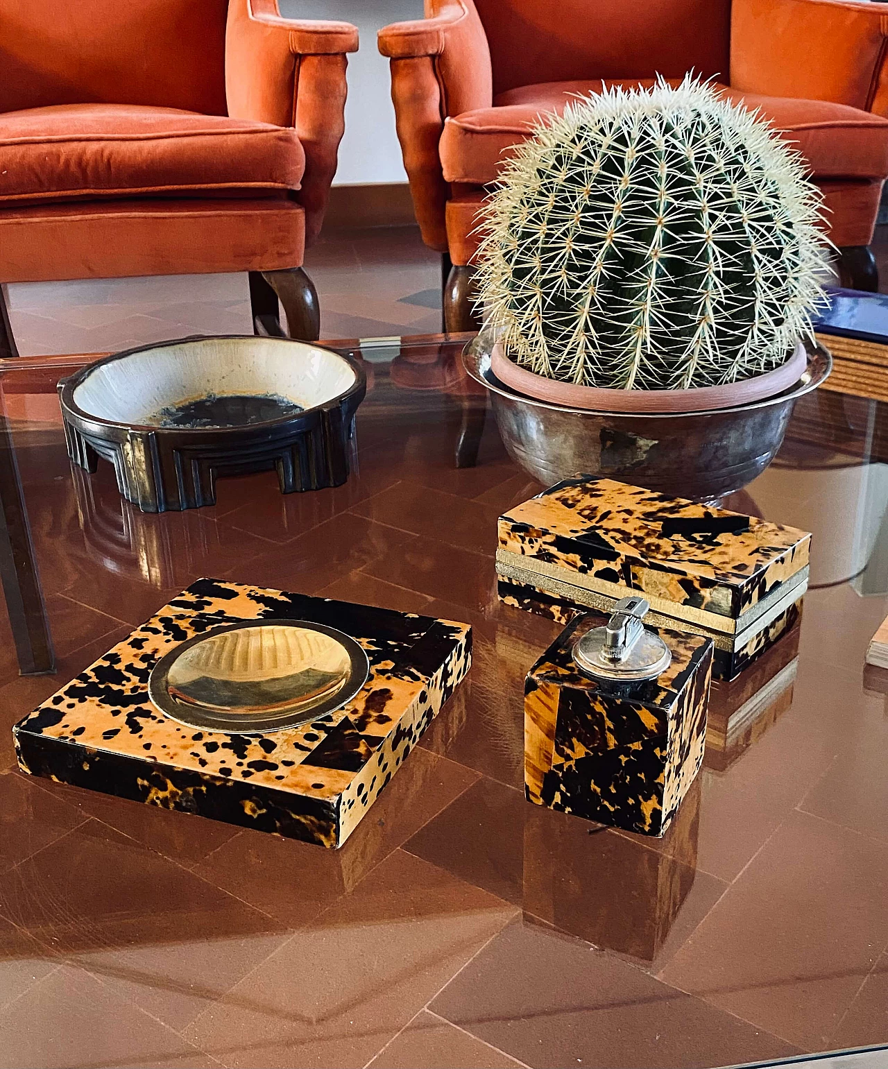 Wood, brass and resin ashtray, tray, lighter and box, 1970s 7