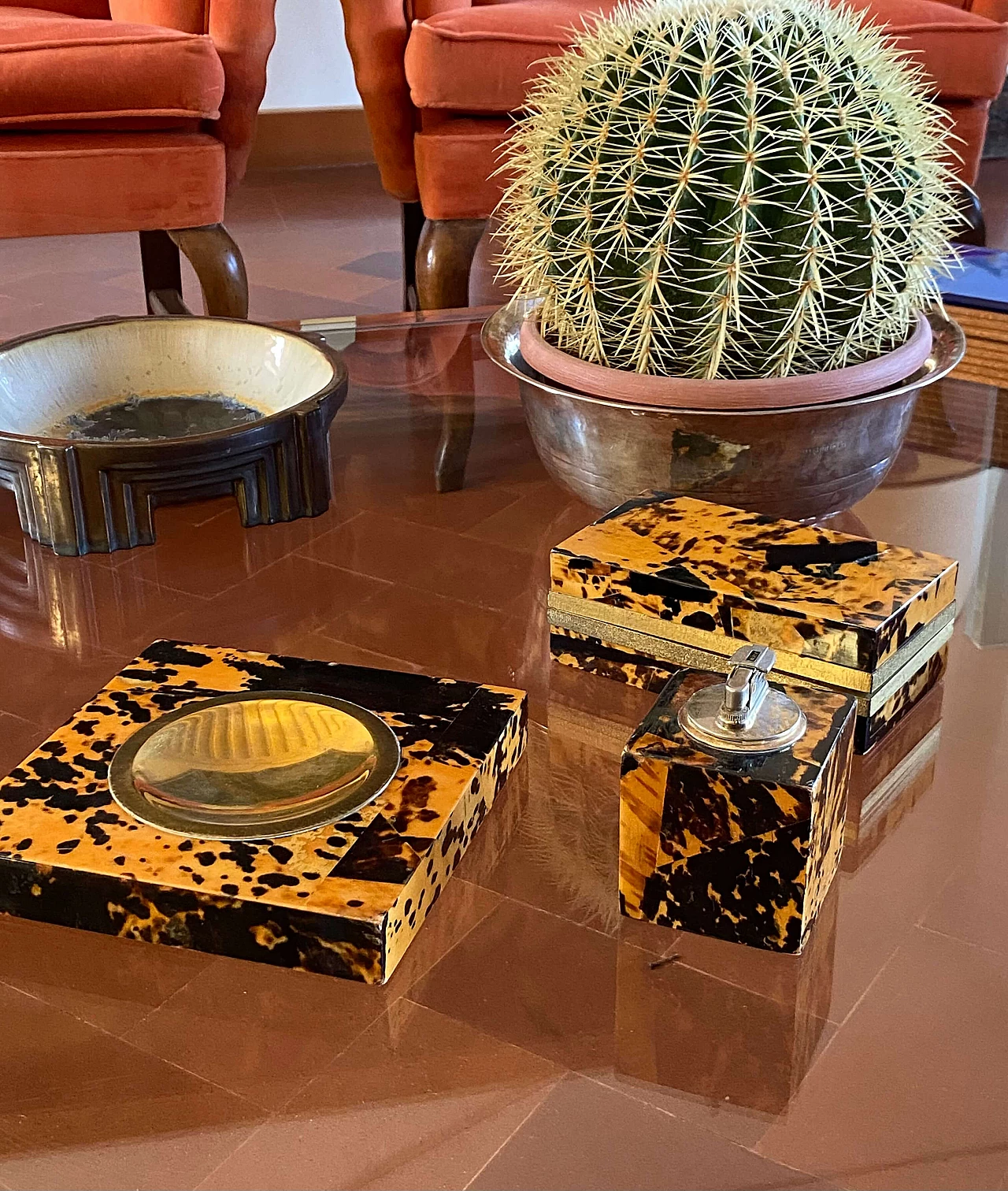 Wood, brass and resin ashtray, tray, lighter and box, 1970s 8