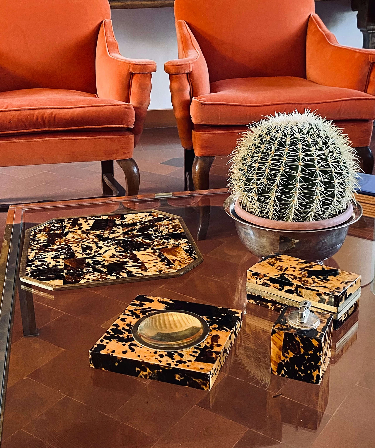 Wood, brass and resin ashtray, tray, lighter and box, 1970s 9