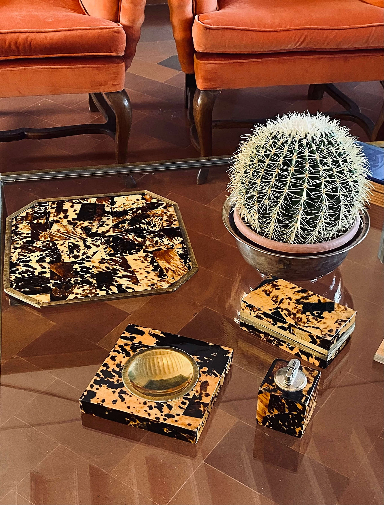 Wood, brass and resin ashtray, tray, lighter and box, 1970s 10