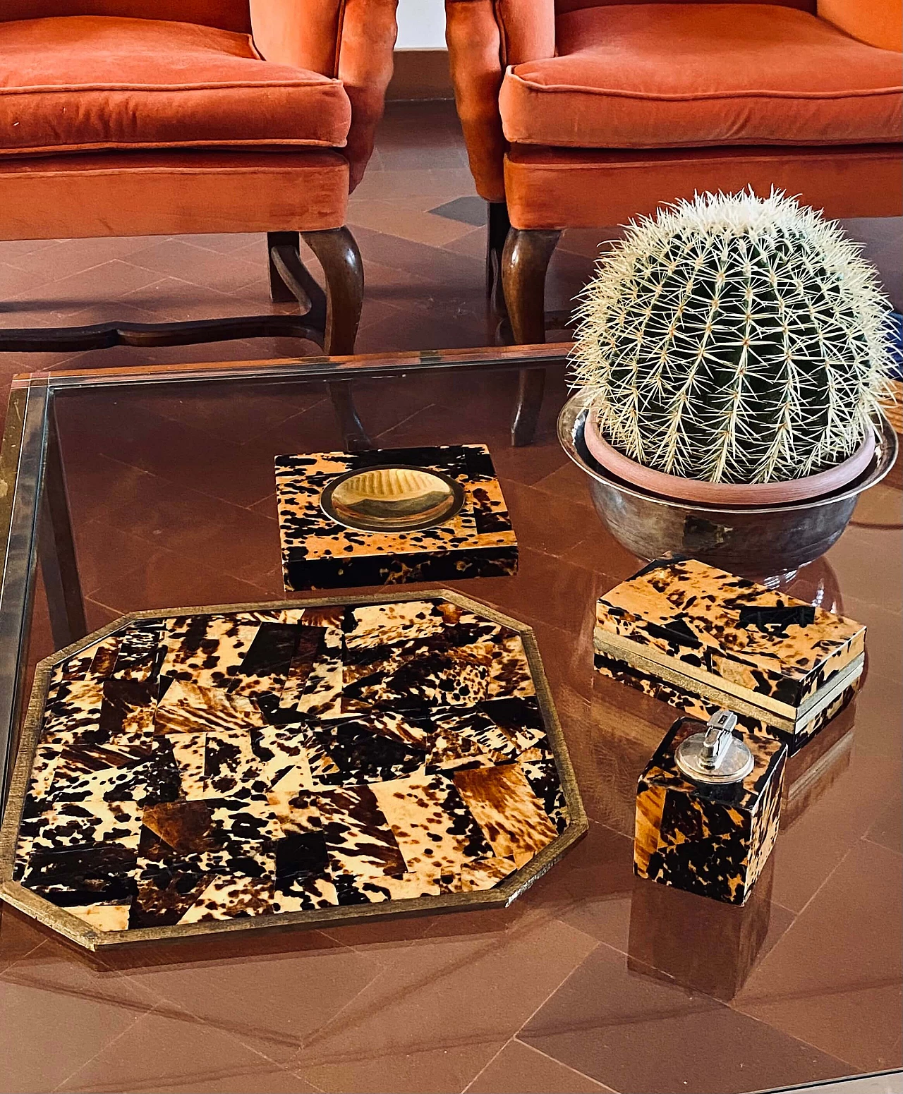 Wood, brass and resin ashtray, tray, lighter and box, 1970s 11