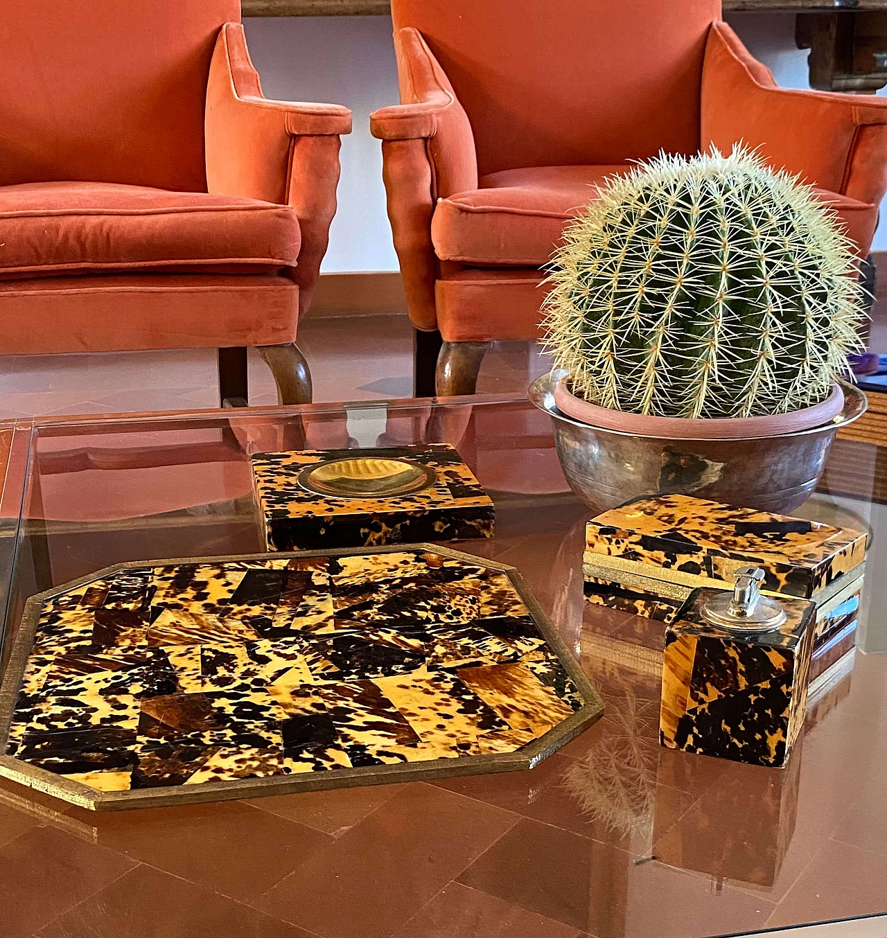 Wood, brass and resin ashtray, tray, lighter and box, 1970s 12