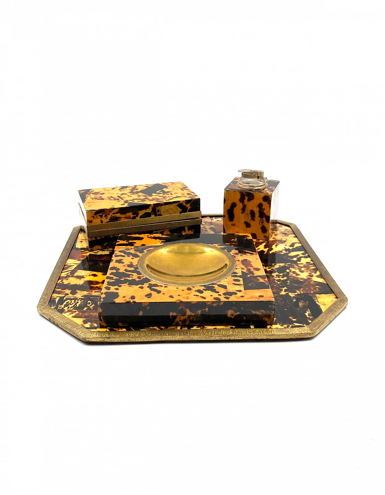 Wood, brass and resin ashtray, tray, lighter and box, 1970s 13