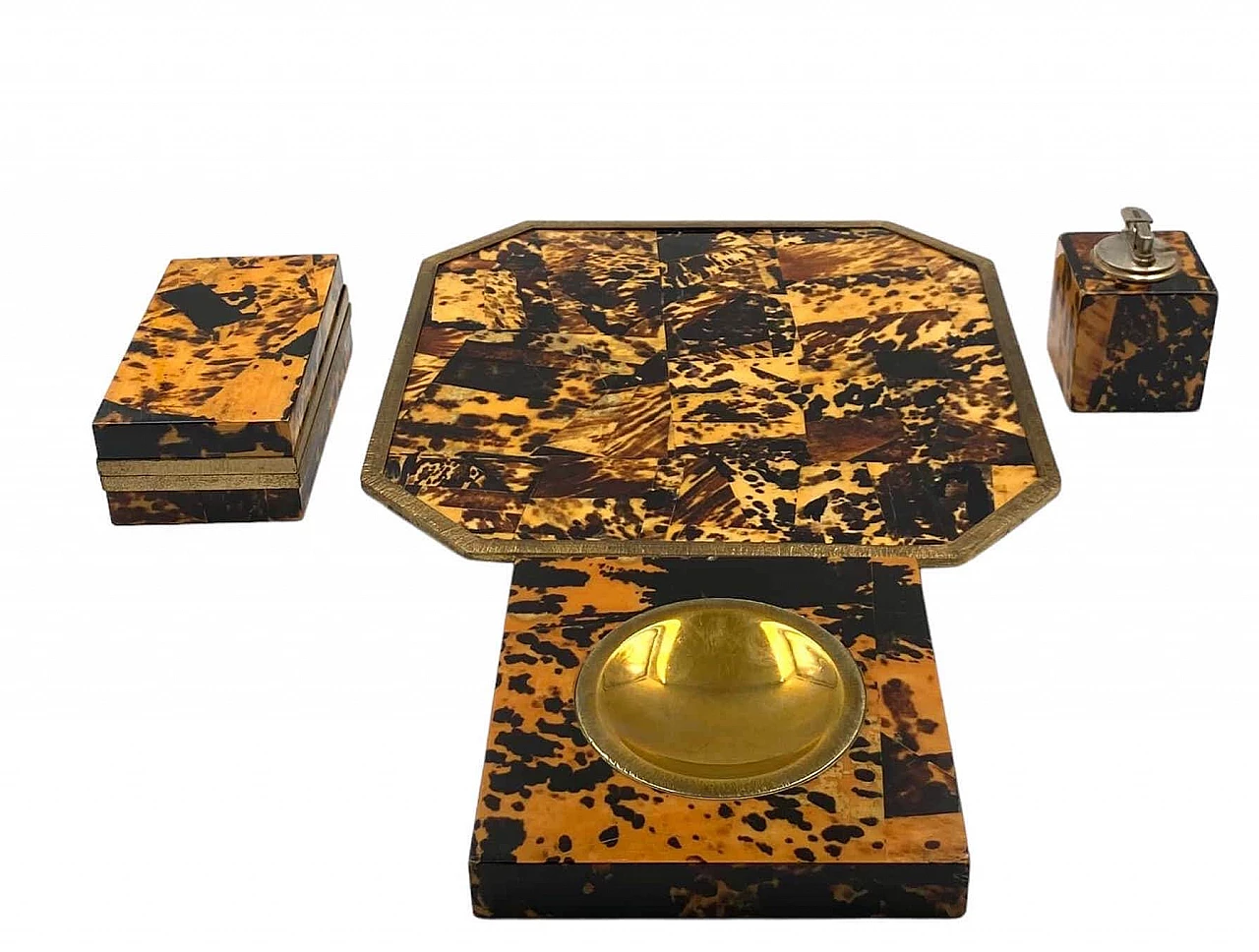 Wood, brass and resin ashtray, tray, lighter and box, 1970s 14