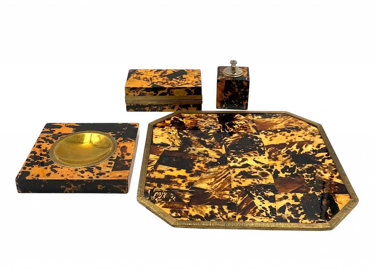 Wood, brass and resin ashtray, tray, lighter and box, 1970s 15