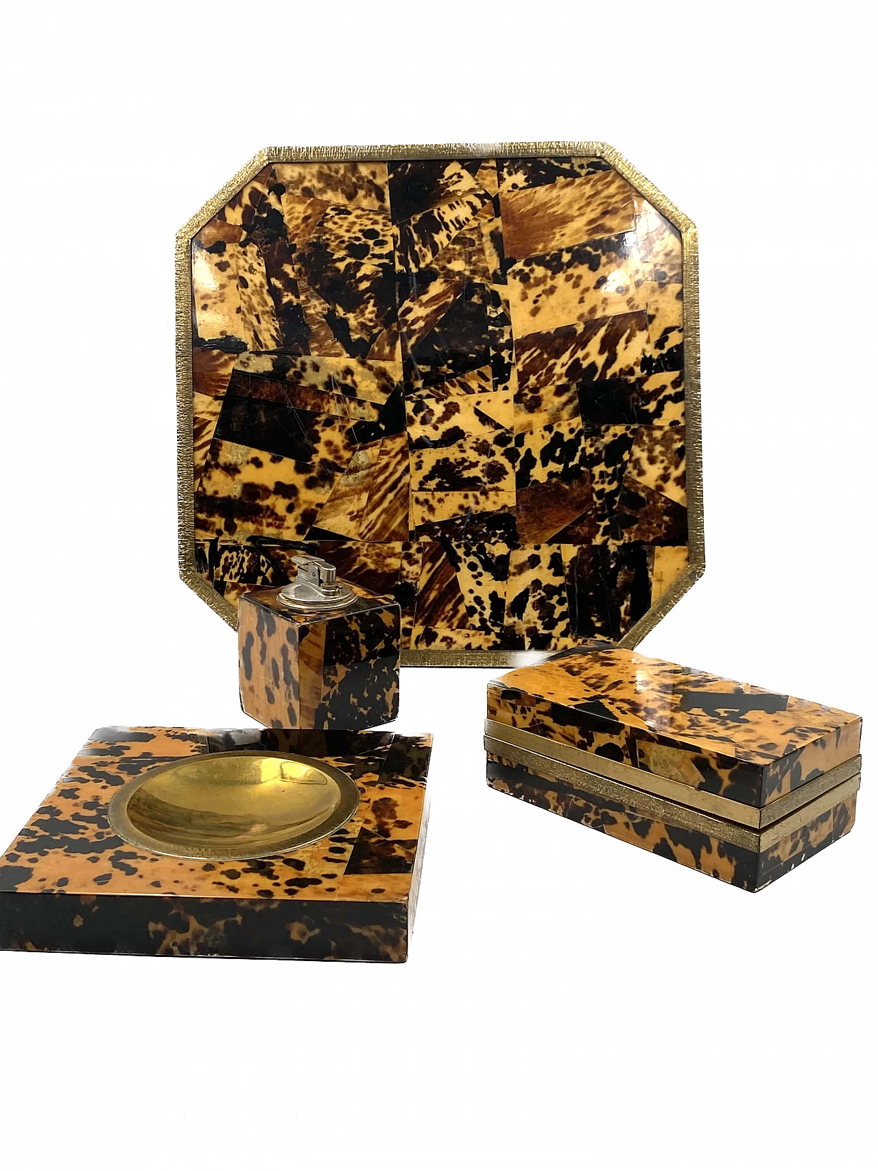Wood, brass and resin ashtray, tray, lighter and box, 1970s 16