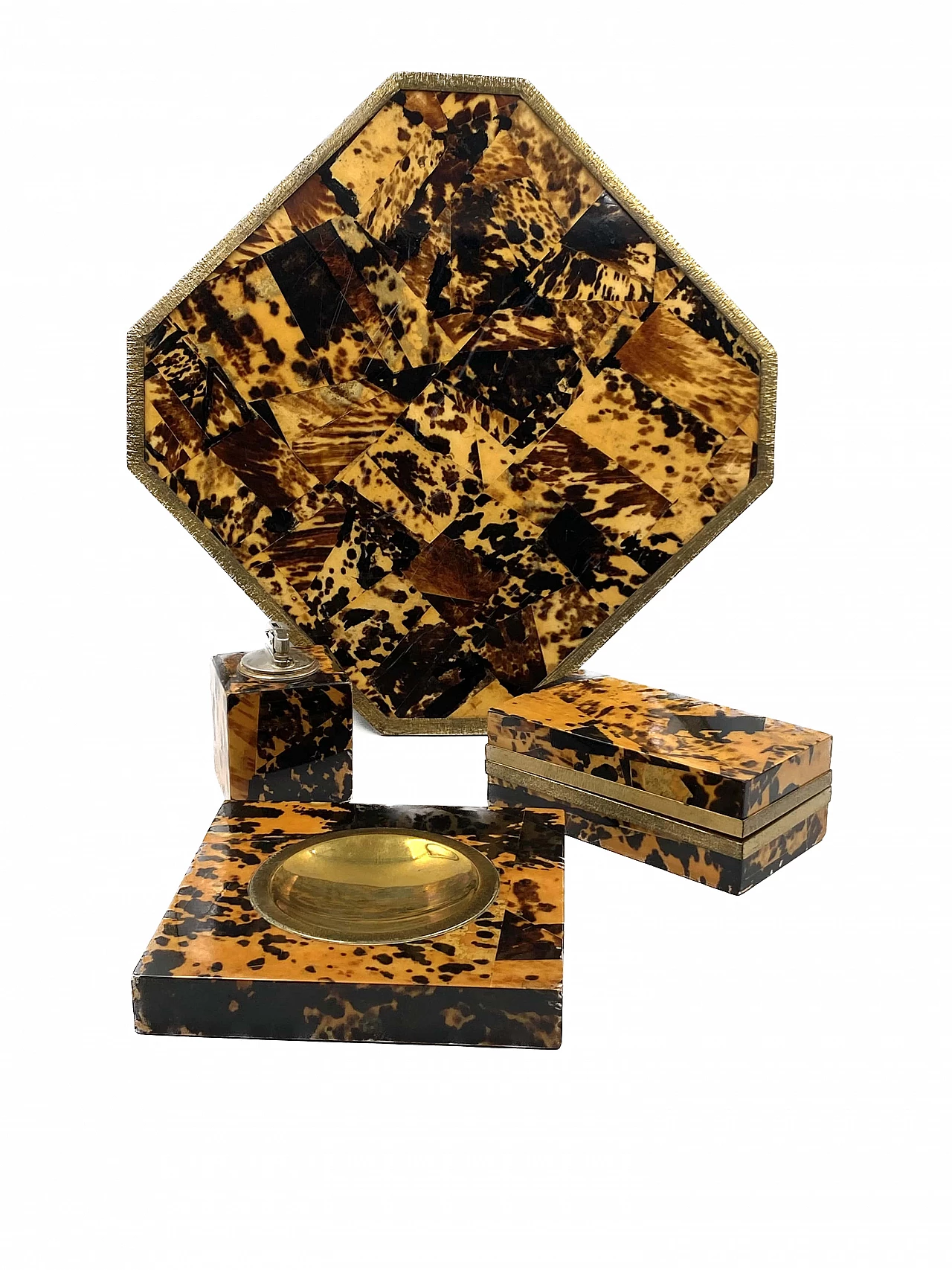 Wood, brass and resin ashtray, tray, lighter and box, 1970s 17