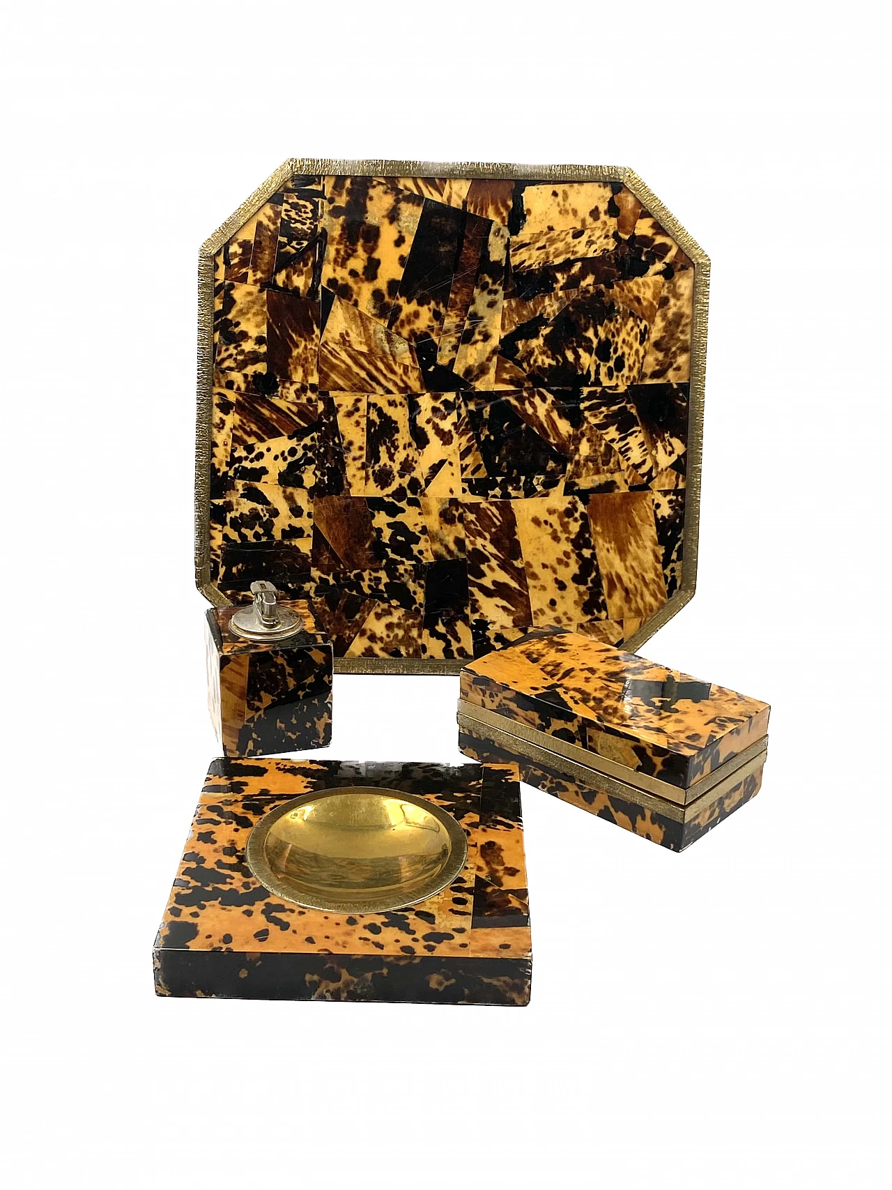 Wood, brass and resin ashtray, tray, lighter and box, 1970s 18