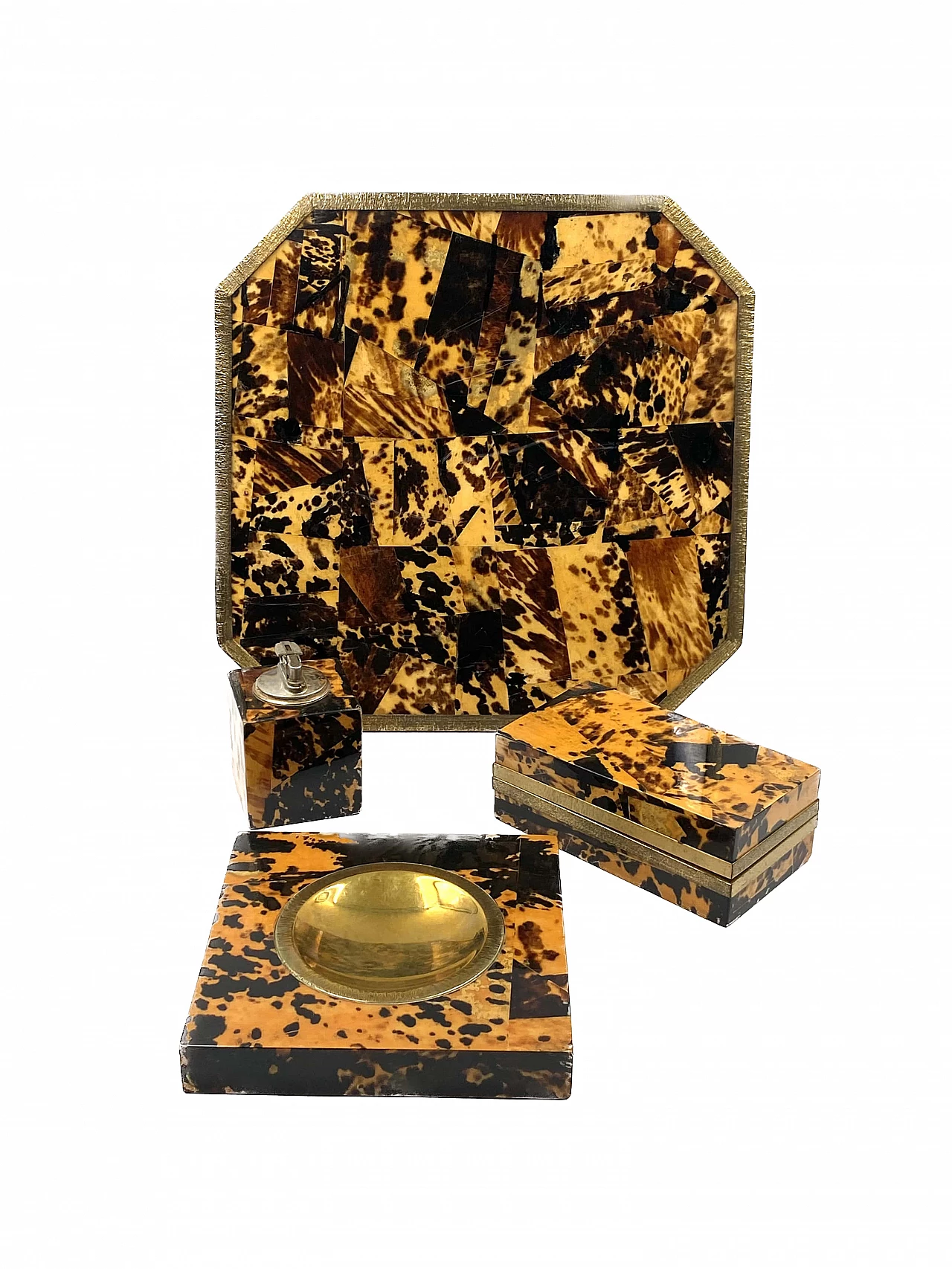 Wood, brass and resin ashtray, tray, lighter and box, 1970s 19
