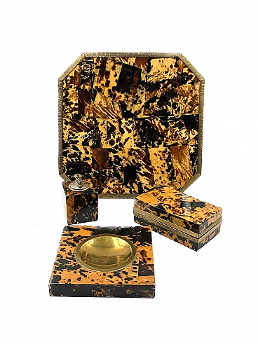 Wood, brass and resin ashtray, tray, lighter and box, 1970s