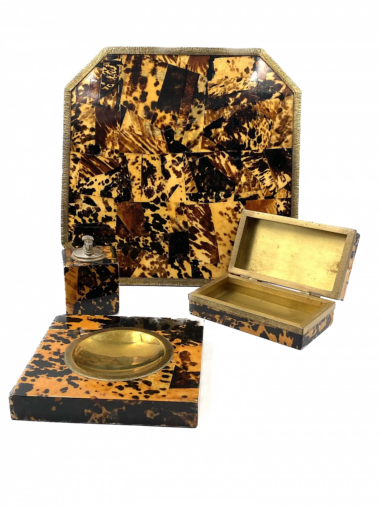 Wood, brass and resin ashtray, tray, lighter and box, 1970s 20