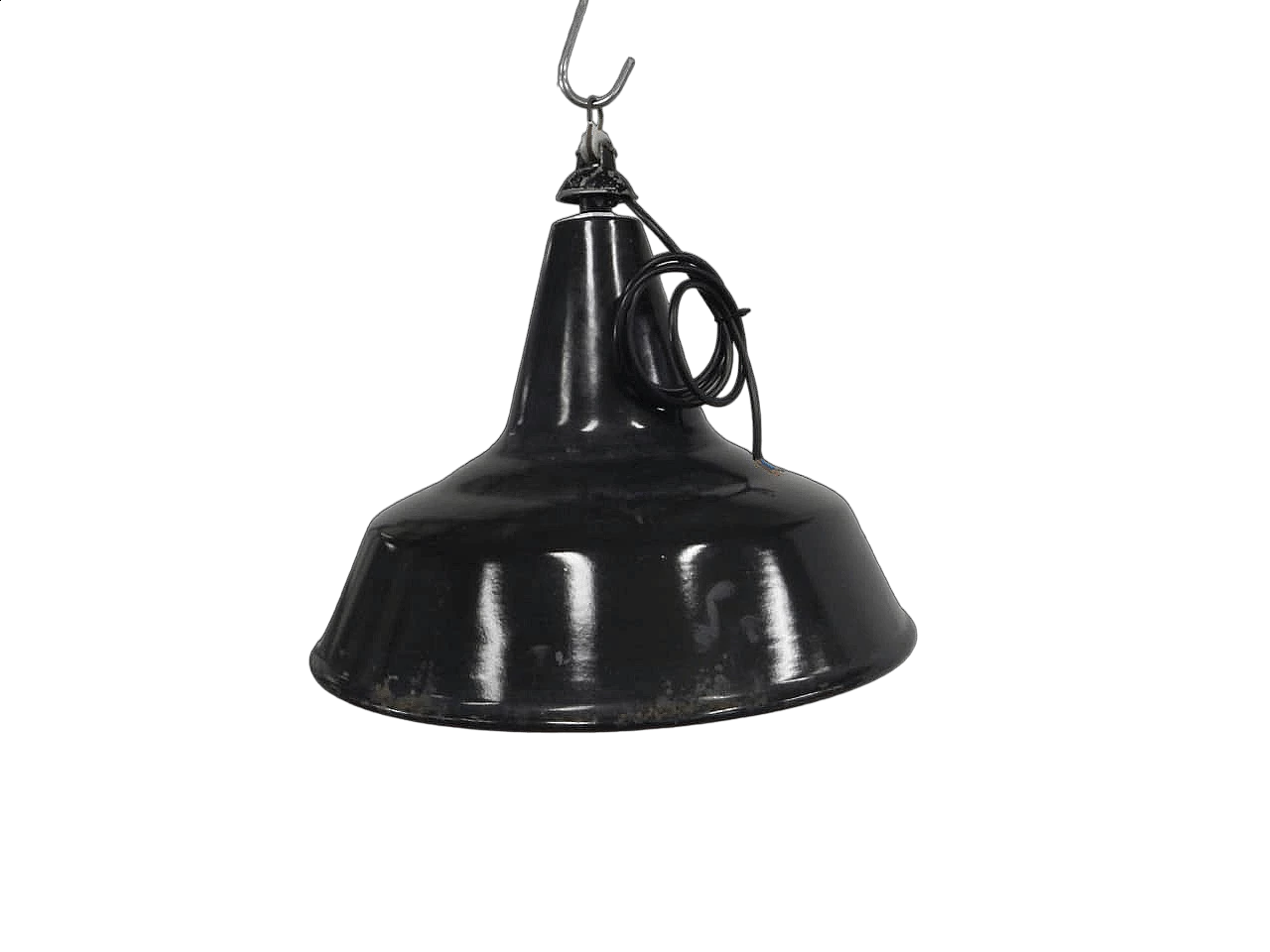 Black metal hanging lamp with white inside, 1940s 10