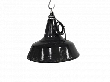 Black metal hanging lamp with white inside, 1940s