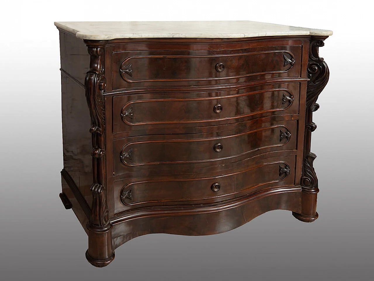 Louis Philippe mahogany feather chest of drawers with marble top, 19th century 1