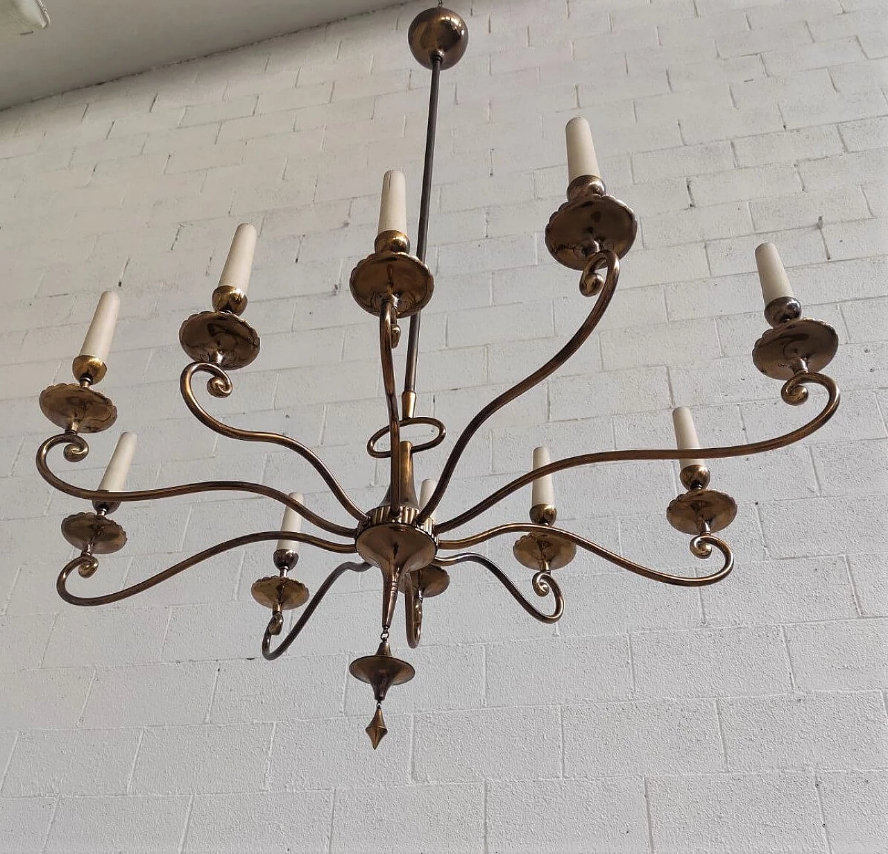 Ten-light brass pendant lamp, 1950s 5