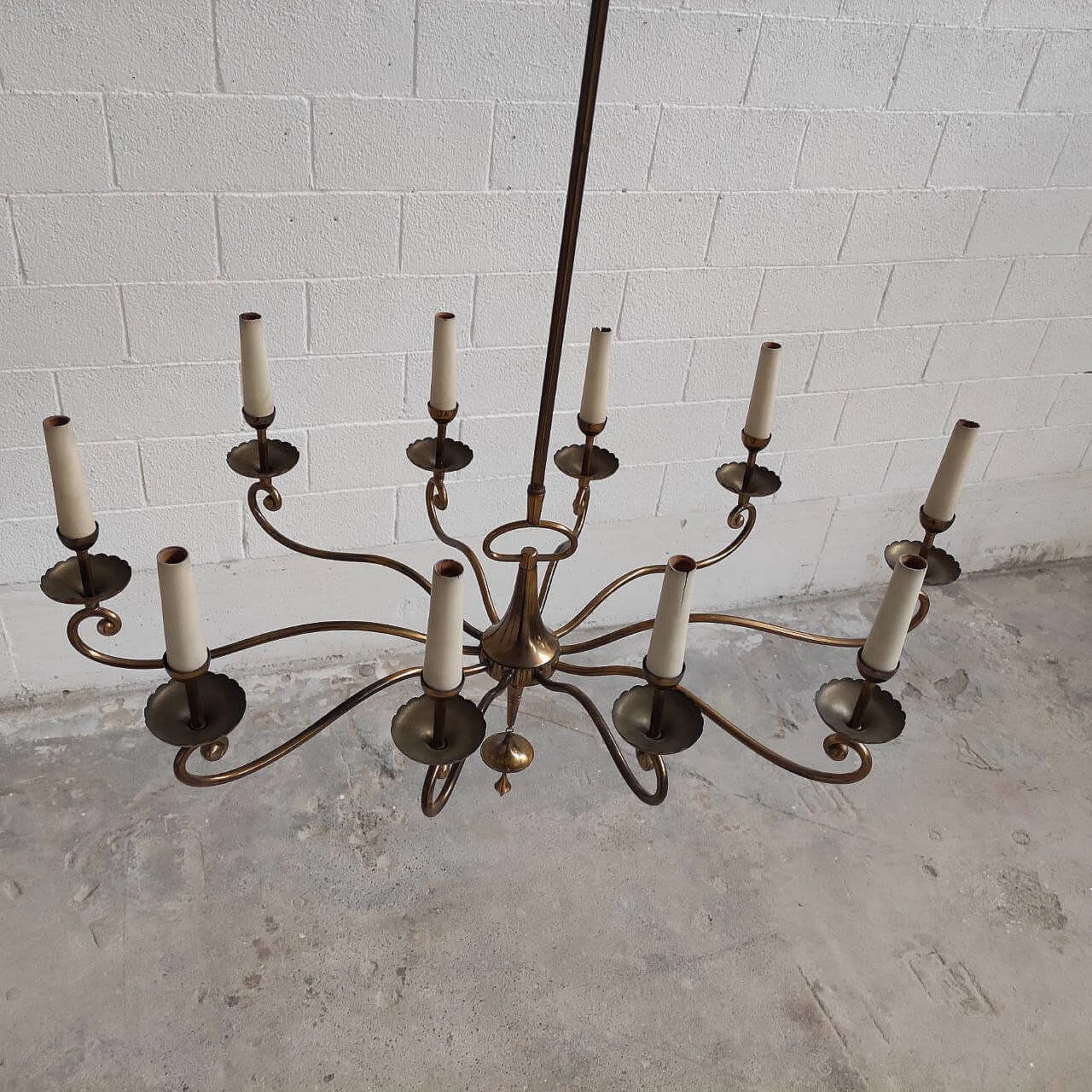 Ten-light brass pendant lamp, 1950s 6