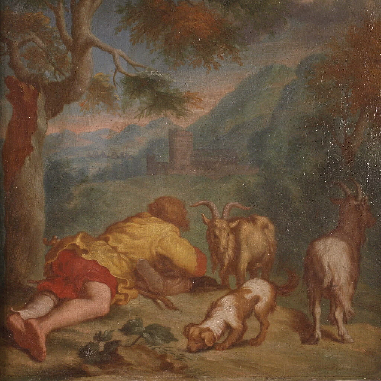 Flemish bucolic landscape, oil on table, 18th century 2