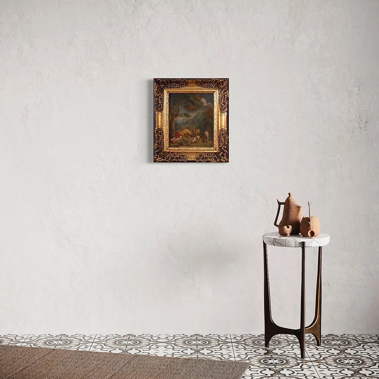 Flemish bucolic landscape, oil on table, 18th century 6