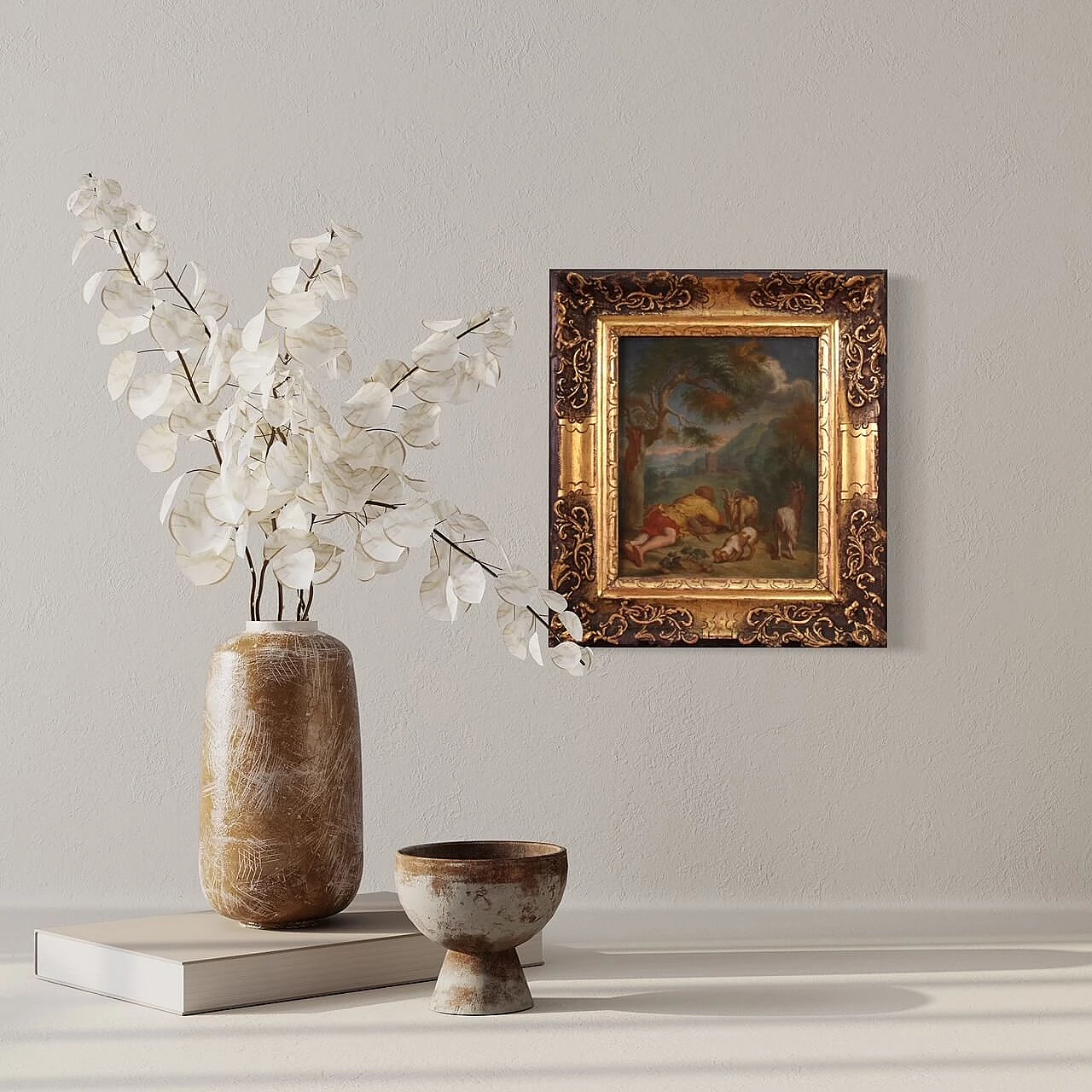 Flemish bucolic landscape, oil on table, 18th century 8